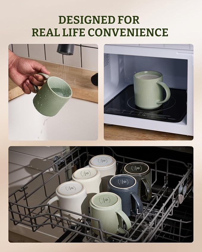 famiware Coffee Mug Set for 6, Star 16 oz Catering Mugs Cup Set with Handle for Coffee, Tea, Cocoa, Milk - Ceramic Stoneware Drinkware Set, Matte Green