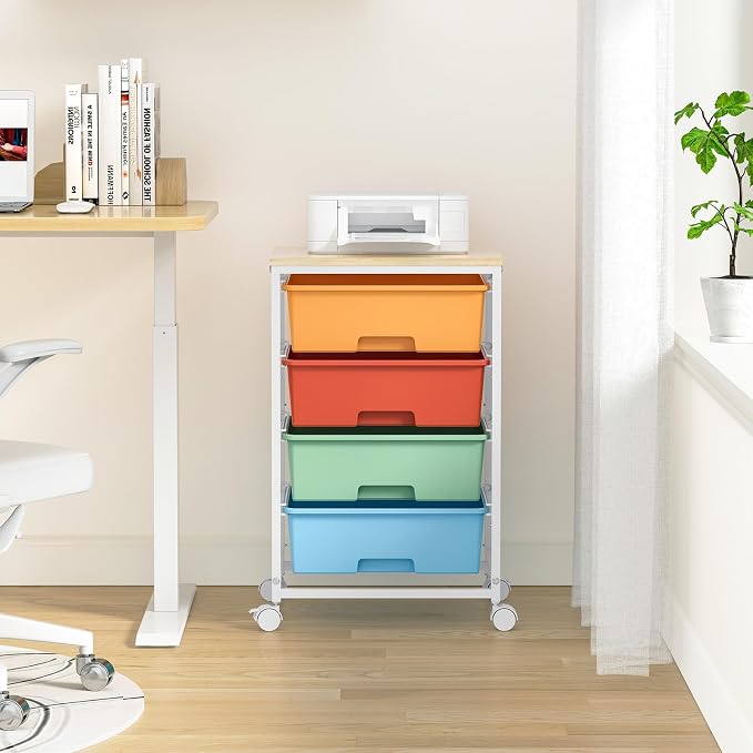 Utility-Rolling-Storage-Drawer-Craft-Cart-Organizer with 4 Drawers and Wooden Tabletop & Lockable Wheels for Home Office, Bedroom, Kids Room, Classroom, 4 Tiers Under Desk Drawer Cart, Macaron