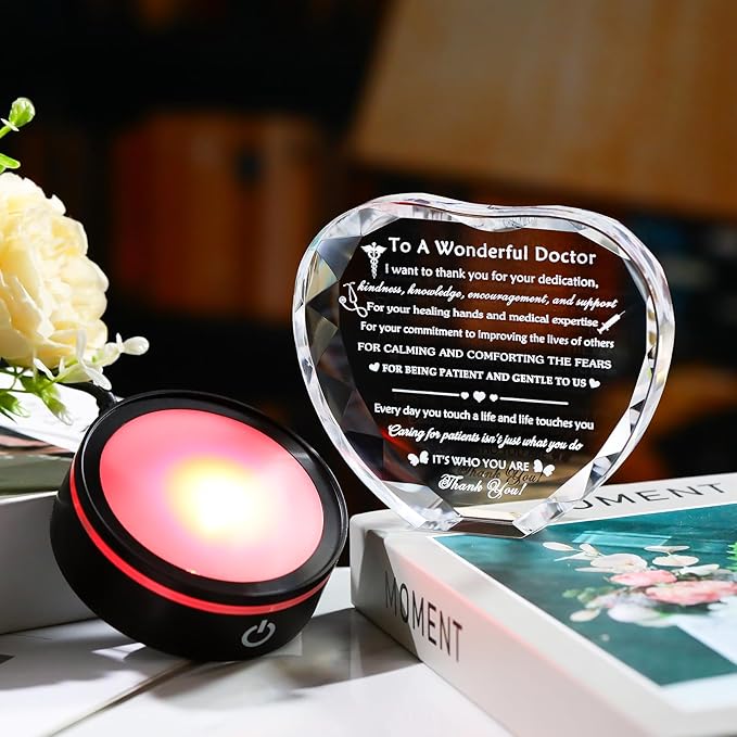 YWHL Doctor Appreciation Gifts for Women Men with Light Base, Crystal Heart Plaque Thank You Gift for Doctors Best Doctors Present Idea for Doctors' Day Retirement Birthday Christmas Table Decor