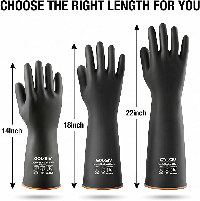 Chemical Resistant Gloves, Heavy Duty Latex Work Gloves - Waterproof, Resist Acid, Oil, Alkali - Industrial Rubber Dishwashing Gloves for Masonry & Car Detailing, 14in, 6 Pairs