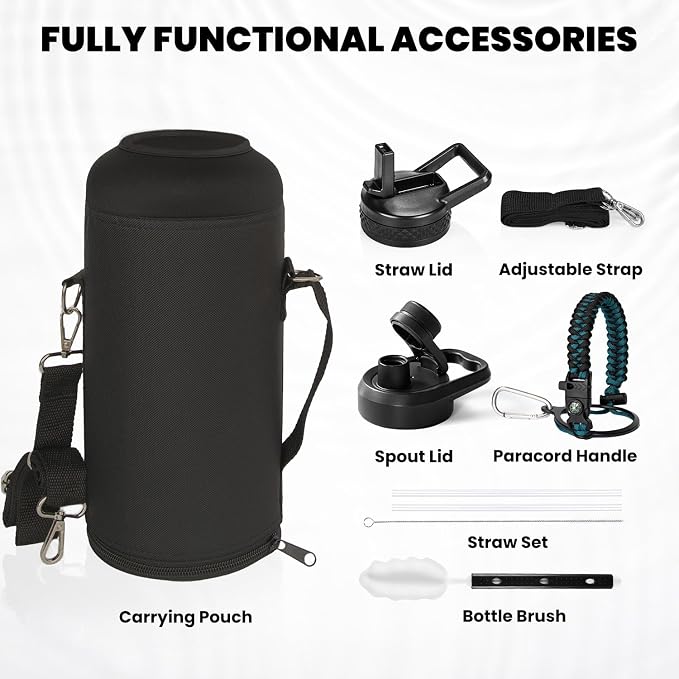 RAYMYLO Insulated Water Bottle 87 oz, Triple Wall Vacuum Stainless Steel (Cold for 48 Hrs), Leak Proof & Non-BPA, Modern Water Flask Jug with Paracord Handle & Straw Spout Lids, Indigo/Black