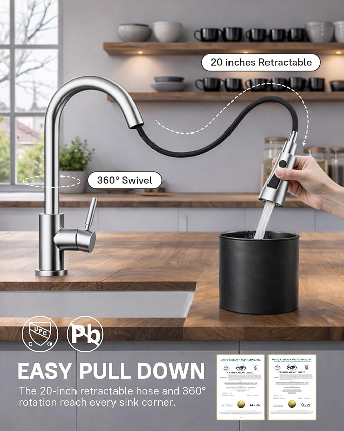 WEWE Kitchen Faucets with Pull Down Sprayer, Stainless Steel Single Handle 1 Hole for Family Kitchen Commercial Camper Laundry Rv Bar, Polished Chrome