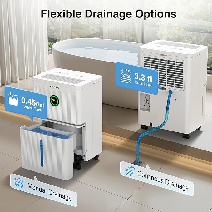 ZAFRO 1600 Sq.Ft Dehumidifiers for Home and Basement with Drain Hose, Ultra Quiet 41dB, Energy Saving Max 21 Pints Dehumidifier with Auto or Manual Drainage, Auto Defrost, Three Modes, Dry Clothes