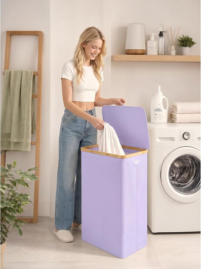 iEGrow Laundry Hamper with Lid, 110L Large Laundry Basket with Removable Bag, Clothes Basket Hamper with Bamboo Frame for Clothes Towels Organizer- Purple
