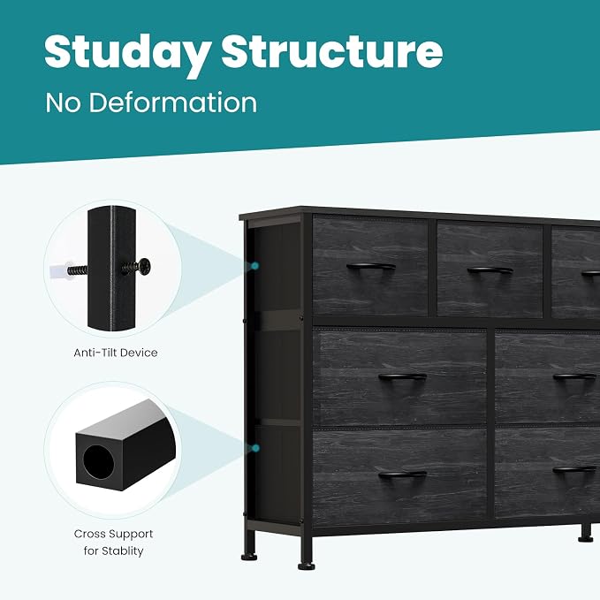OLIXIS 7 Drawers Dresser for Bedroom, Fabric Storage Tower for Living Room, Entryway - Sturdy Steel Frame, Wooden Top and Easy Pull Fabric Bins, Closet Chests Organizer for Clothes,Black Wood Grain