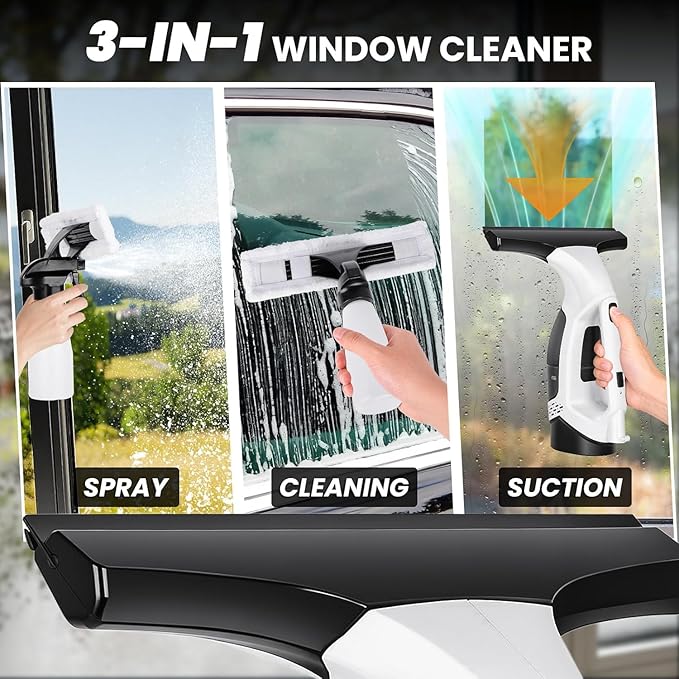 Window Vacuum Squeegee Electric Window Cleaner Window Cleaning Tool with 150ml Dirty Water Tank, Extension Handle for Shower Glass, Window Cleaning Car Windows Tiles Mirrors Glass