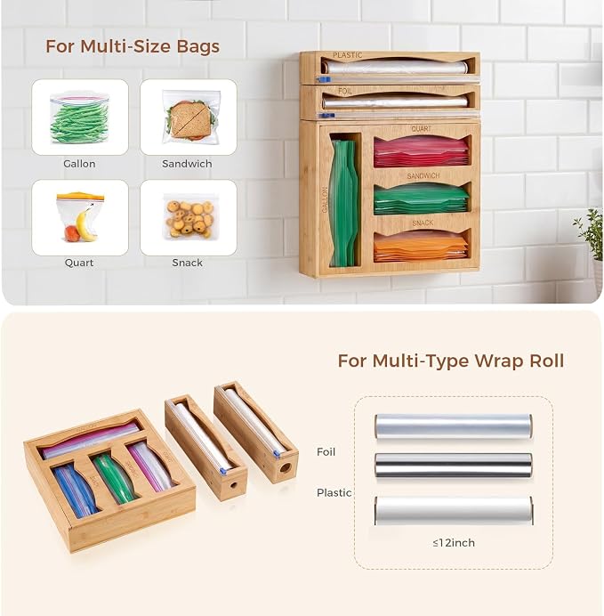6 in 1 Storage Bag Organizer Kitchen Drawer, Bamboo Foil and Plastic Wrap Dispenser with Slider Cutter, Kitchen Bag Organizer for Quart, Gallon, Sandwich and Snack Bags