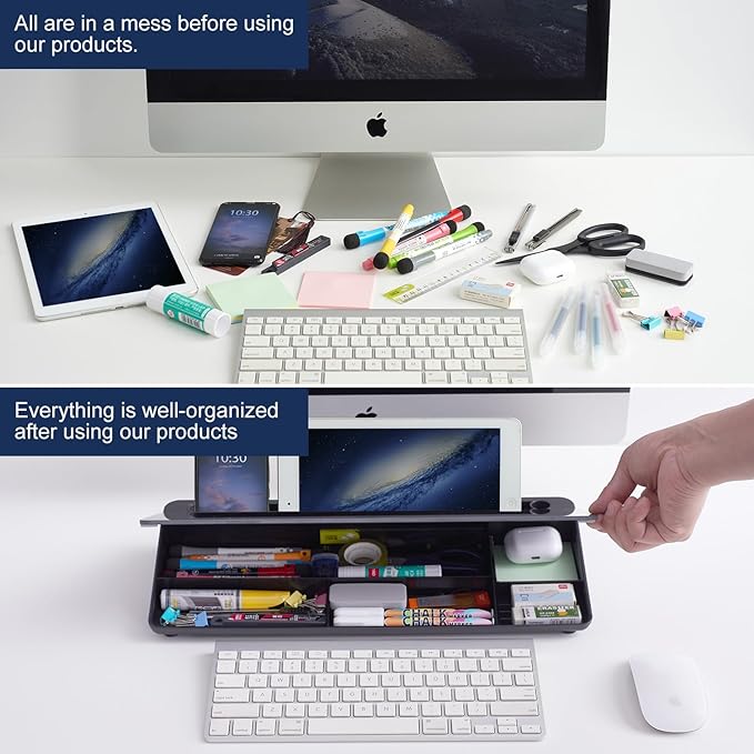 TSJ OFFICE Desktop Whiteboard Dry-Erase-Board - Computer Keyboard Stand White Board Surface Pad with Drawer, Desk Organizers with Accessories for Office, Home, School Supplies - Complete Black