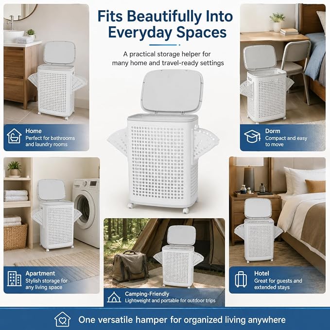 Laundry Hamper with Wheels, 70L/18.5Gal Large Capacity Collapsible Laundry Basket, Portable Rolling Laundry Bin with Lid & Handle, Side Hanging Baskets for Bedroom, Bathroom, Dorm (White)