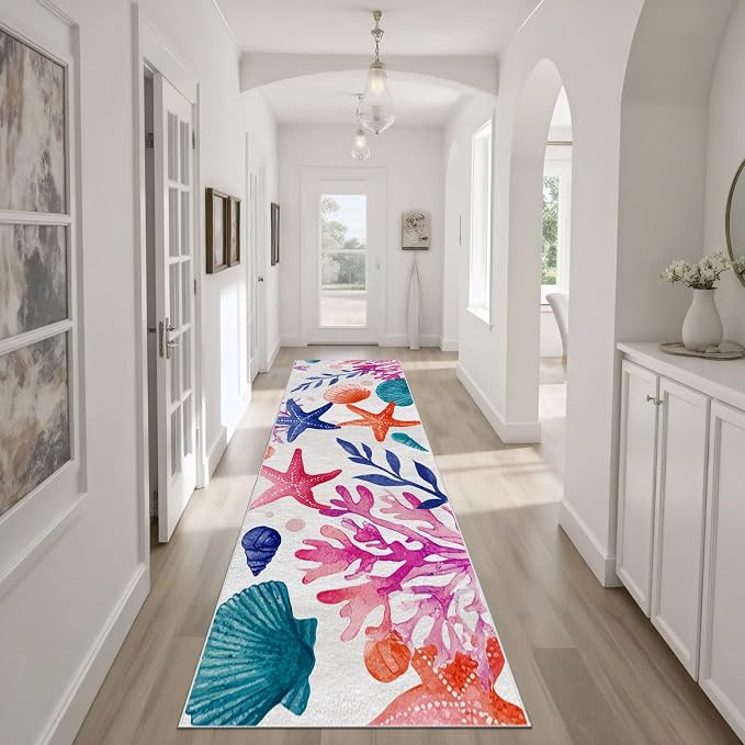 Coastal Seaside Washable Runner Rug 2.6x7 - Watercolor Ocean Entryway Rug, Ultra-Thin Kitchen Rugs, Starfish Scallop Coral Anti Slip Runner Rugs for Entrance Laundry Room Corridor Bedroom