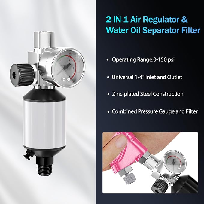 HVLP Air Spray Gun with 1.4/1.7/2mm Nozzles & Air Compressor Regulator, Air Spray Paint Gun w/10pcs 600cc Mixing Cup and Lids, Automotive Paint Sprayer for Car, House Painting, Furniture (Pink)