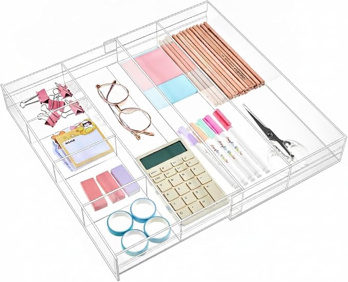 Briwooody 1 Pcs Acrylic Desk Drawer Organizer 12'' up to 16'' x 14.5'' x 2.2'' Expandable Drawer Organizer Trays with 7 Adjustable Compartments Clear Desk Accessories for Makeup Office Bathroom