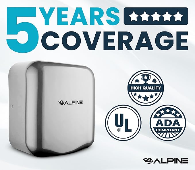 Alpine Industries Hemlock Automatic High Speed Hand Dryer - Heavy Duty Stainless Steel - Commercial High Speed Hot Air Hand Blower | 1800Watts | 110-120Volts | Quick & Easy Installation (Chrome)