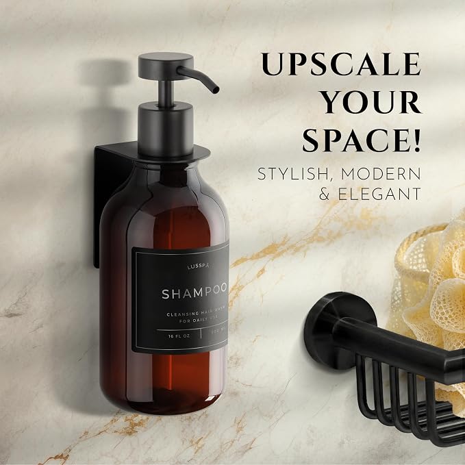 Shower Shampoo Dispenser Wall Mounted – Refillable 16.9 oz Amber Bottle with Stainless Steel Pump & No-Drill Adhesive Holder – Soap Dispenser for Bathroom (1 X Amber/Black)