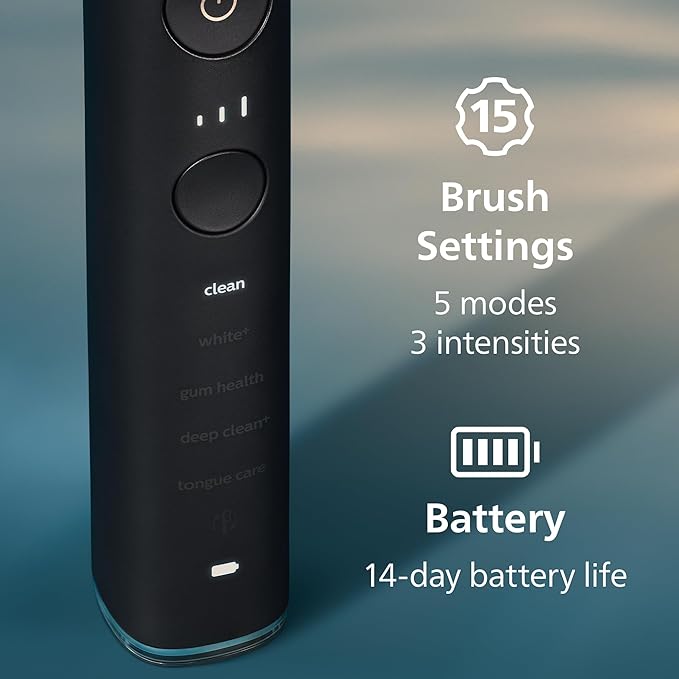 Philips Sonicare DiamondClean Smart 9500 Electric Toothbrush - Sonic Toothbrush with App, Pressure Sensor, 15 Brushing Settings, Replacement Reminder, USB Charging Travel Case, Black, Model HX9923/11