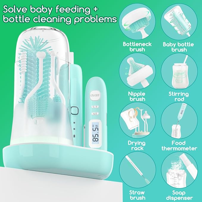 Electric Bottle Brush Cleaner,Wireless Charging Electric Baby Bottle Brush Cleaner,Nipple/Straw/Bottleneck Brush,Food Thermometer,Formula Mixer-IPX7 Waterproof,Travel Bottle Cleaner Kit for Newborn