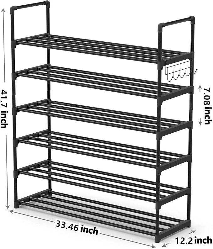 Hsscblet 6 Tiers Metal Shoe Rack,Adjustable Shoe Shelf Storage Organizer with Hooks,Stackable Boot & Shoe Storage,for Entryway,Hallway,Closet,Black