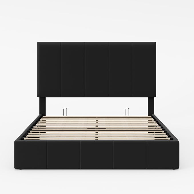 Allewie Queen Size Velvet Lift Up Hydrualic Storage Bed Frame, Black | Vertical Channel Tufted Headboard, Hydrualic Underneath Storage, Upholstered Platform Bed, No Box Spring Needed