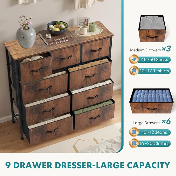 OLIXIS Dresser for Bedroom, 9 Storage Drawers, Wide Fabric Closet Chests Organizer Tower Furniture, TV Stand with Wooden Top Metal Frame for Clothes, Living Room, Hallway, Entryway, Rustic Brown