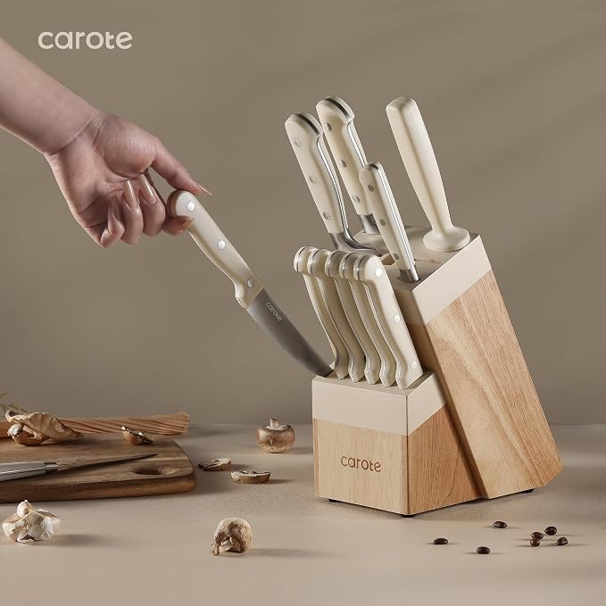 CAROTE 14-Piece Knife Set with Wood Block, Rust-Resistant, Cream | Razor-Sharp High Carbon Stainless Steel Knives, Long-Lasting Sharpness, Forged, Triple-Riveted Ergonomic Non-Slip Handles