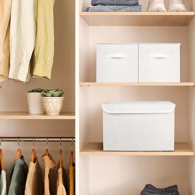 Bagnizer Large 22 Quart Linen Fabric Foldable Storage Bin Cube Organizer Basket with Flip-Top Lid & Handles, Clothes Blanket Box for Home, Office, Closet, White, 4 Pack 14.6 x 9.5 x 9.5”