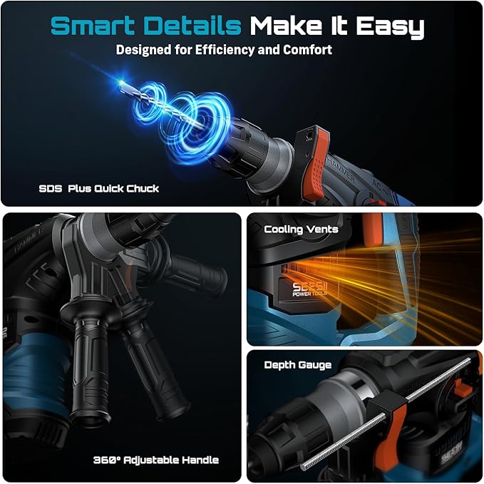 Seesii Heavy Duty Rotary Hammer: 13 Amp 1-1/4" SDS-Plus Demolition Hammer Drill for Concrete, Brick & Stone, 6J Power with 4 Functions, Safety Clutch & Reduced Vibration, with Drill Bits and Chisels