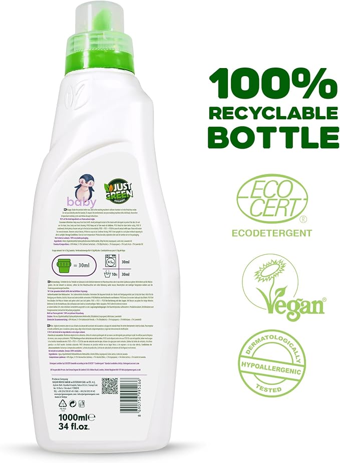 Baby Fabric Softener, Plant-Based Liquid Fabric Softener, Non-Toxic, Hypoallergenic, Fragrance-Free, EcoCert Certified, Vegan, Static Control, 32 Washes, 33.8 fl oz (1000 ml)