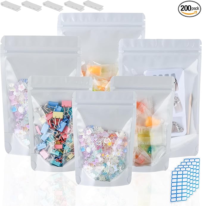 200 Mylar Bags for Food Storage 6X9 Mylar Bags with Window Candy Packaging Resealable Bags White Stand Up Pouches Edible Packaging for Small Business