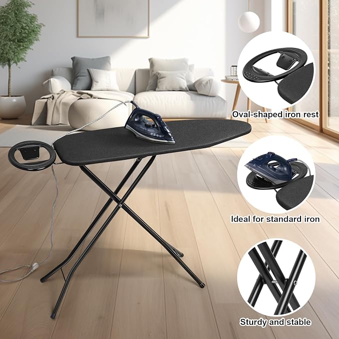 Duwee 12"x38" Ironing Board Full Size with Heat Resistant Cover,Black | 10mm Thicken Double Layers Feltpad and Foam, Folding Compact Iron Board, Heavy Sturdy Legs, Easy to Storage