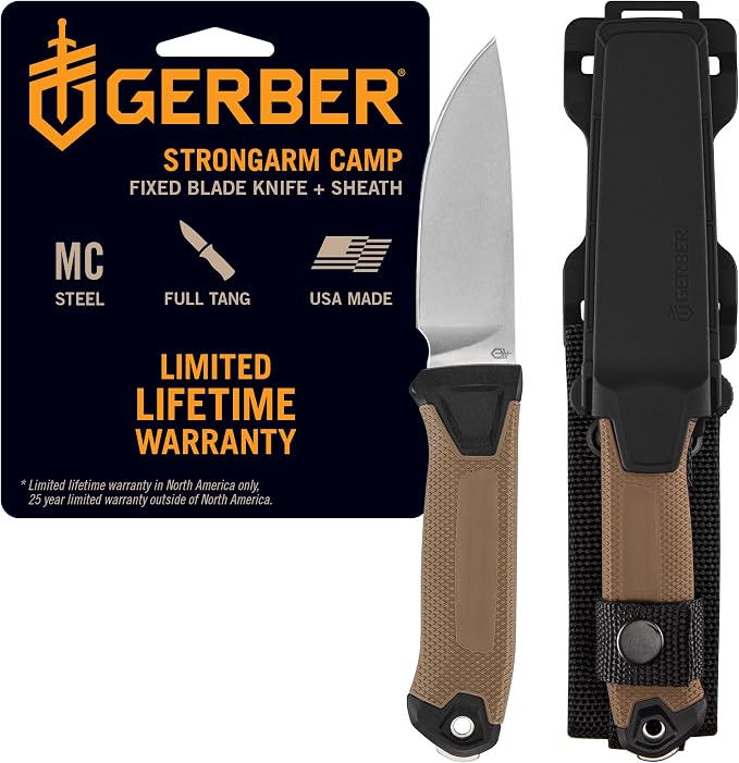 Gerber Gear StrongArm Camp Magnacut - Fixed Blade Survival Tactical Knife for Camping, Outdoor, Hunting - Ergonomic Ambidextrous Utility Tool - Made in USA - Coyote Brown