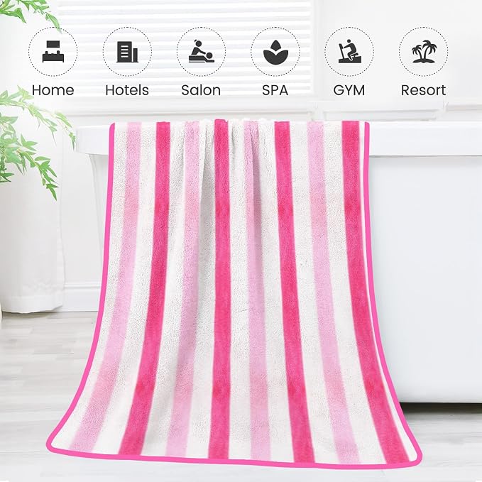 JML Microfiber Bath Towels, 2 Pack, 30" x 60", Cabana Stripe Pink | Hanging Loop, Lint Free, Oversized, Soft, Super Absorbent,Fast Drying, Perfect for Shower, Sauna, Gym, Sports, Fitness, Yoga