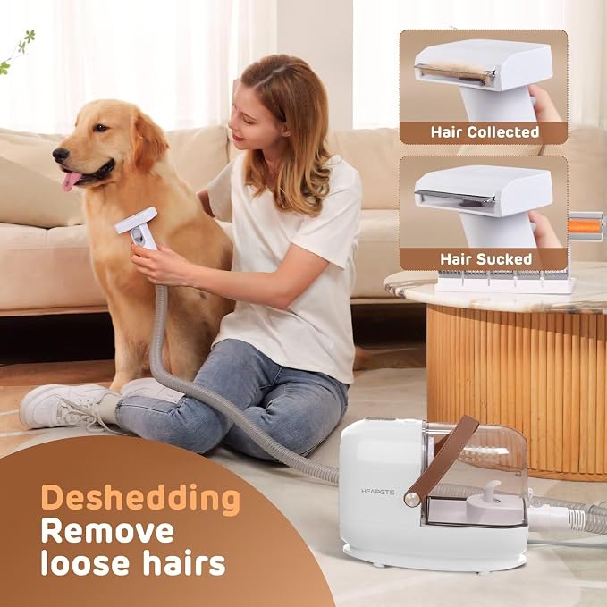 HEAPETS Dog Grooming Vacuum Kit - 3L Vacuum with 7 Tools, Low Noise Electric Clipper and Brush for Pet Shedding at Home, White