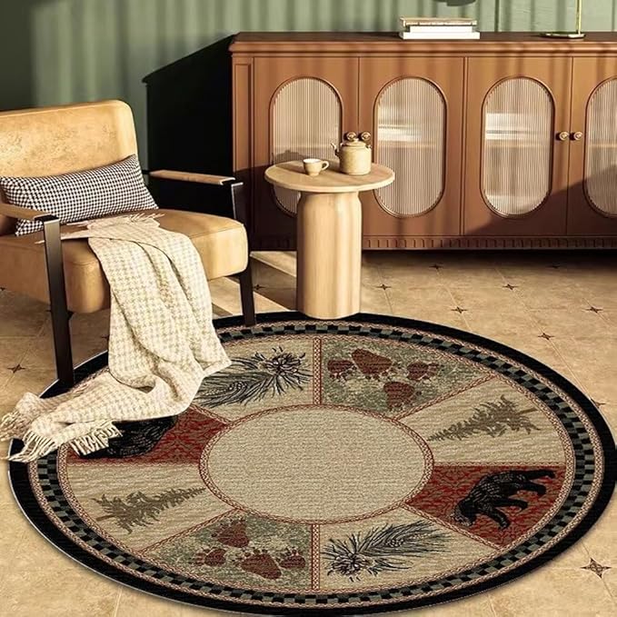 Rustic Cabin Bear Round Rugs 4 Feet for Laundry Room Dining Room Entrance Circular Wildlife Bear Area Rug Non-Slip Western Indoor Floor Mat