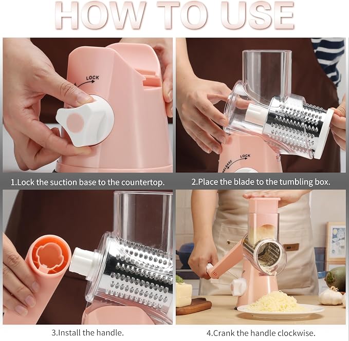 Cambom Rotary Cheese Grater Hand Crank Cheese Shredder for Fresh Cheese, Vegetable, Nuts,Non-slip Suction Base，Three Blades,Pink