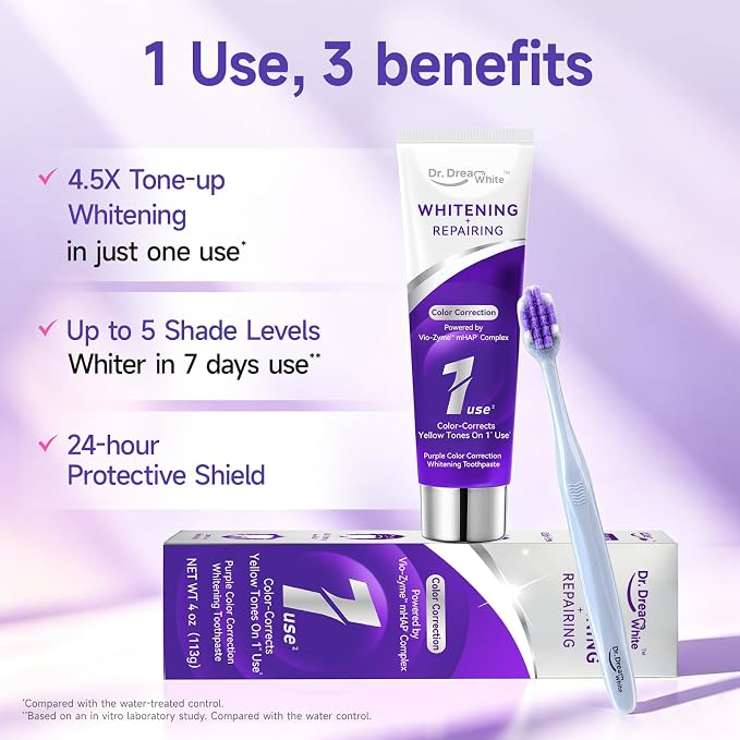 Dr.DreamWhite Purple Color Correction Whitening Toothpaste, 4oz, Pack of 2 | with 2 Toothbrushes - for Yellow & Sensitive Teeth | VIO-Zyme mHAP Formula, Instantly Brightens, Fluoride-Free