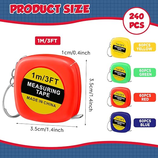 Hoteam 240 Pcs Small Tape Measure Keychains 1 Meter/ 3 Ft Mini Retractable Measuring Tape Keychains Pocket Measure Bulk Portable Measurement for Construction Birthday Party Favors, 4 Colors