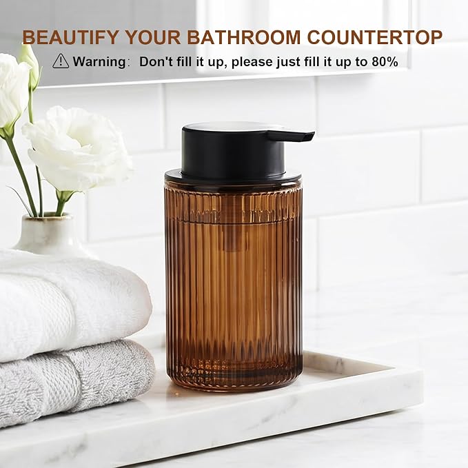 KASUNTING Amber Glass Foaming Soap Dispenser, Ribbed Foam Hand Soap Dispenser for Bathroom, 11 Fl Oz 2 Pack Refillable Foaming Pump Bottle with Black Pump, Modern Dish Soap Foam Dispenser