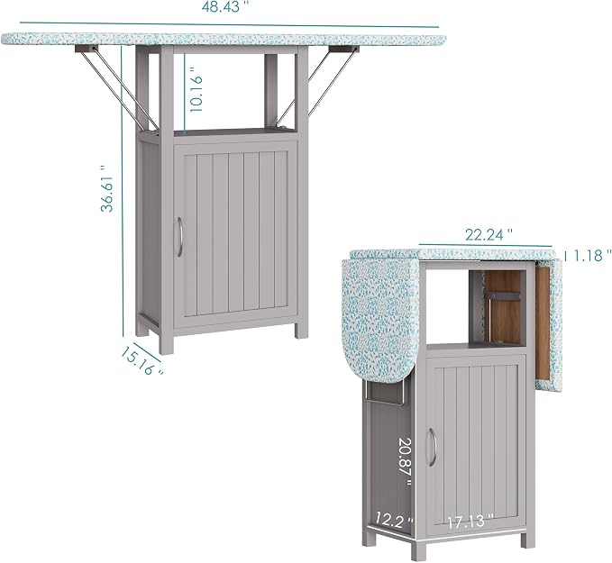Ironing Board with Storage Cabinet, Ironing Station with Extra Storage | Ironing Board Cabinet with Heat-Resistant Pad, Ironing Table, Wood Folding Ironing Board for Small Spaces, Laundry Room, Grey