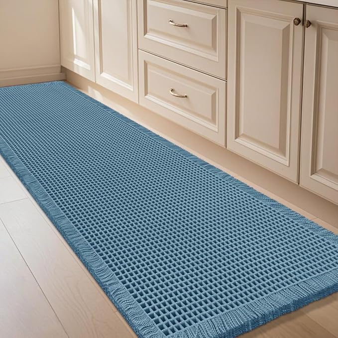 IM HOME Waffle Bath Mat Blue 5'x2', Boho Woven Modern Bath Mat Rugs, Absorbent Non Slip Bathroom Rugs, Soft Washable Bath Rugs with Tassels for Bathroom, Bedroom, Kitchen, Shower, Tub