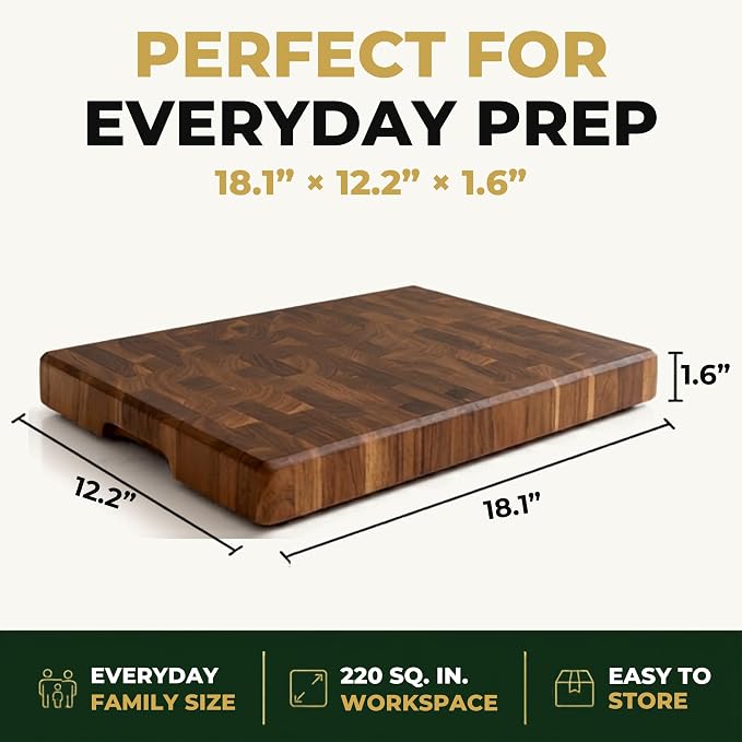 SHUMARU Old East Java Teak End Grain Cutting Board 18.1×12.2×1.6" Thick – Premium Heartwood Butcher Block, Knife-Friendly, Maximum Cutting Surface, Non-Slip Feet & Side Handles