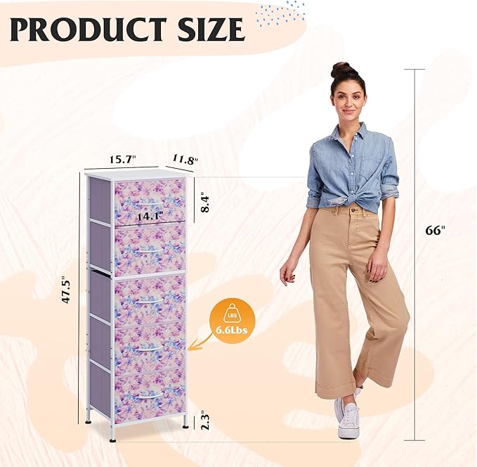 WLIVE Fabric Dresser, 5-Drawer Tall Dressers for Bedroom, Storage Dresser Organizer with Fabric Bins, Wood Top, Sturdy Steel Frame, Chest of Drawers for Closet, Tie-dye Print (Pink, Purple, Blue)