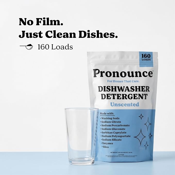 Pronounce Dishwasher Detergent Powder - Cleaner Ingredients, Fragrance Free - Ultra Concentrated, Cuts Grease and Grime, Dishwasher Pods Alternative. (160 Loads, Unscented).