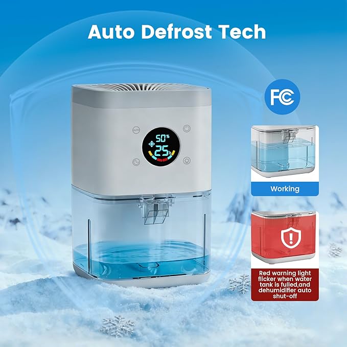 Small Dehumidifier for Bedroom 63oz Auto Dehumidify (60/70%) & Continuous Mode, 35dB Ultra Quiet for Bathroom Apartment Home Closet RV, Portable Auto Defrost & Auto Shut-Off, 7-Color & Timer, White