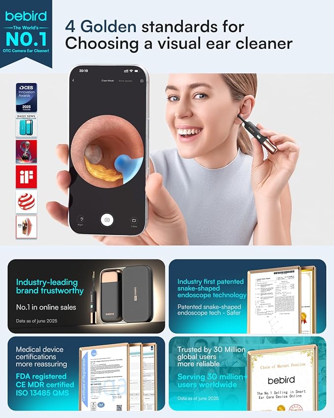 Bebird Earsight Ultra 2K Ear Wax Removal Tool Camera,Pain-Free Ear Cleaner with HD Otoscope,Visual Ear Pick Tweezers, Safe Silicone Tips,Ear Cleaning Kit for Family, FSA HSA Eligible (Starlight Black)