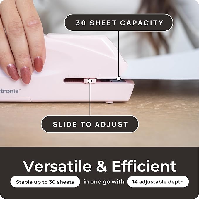 EcoElectronix Portable Automatic Electric Stapler Pro - 30 Sheet Capacity, Quiet Operation, Jam-Free and Easy Reload - AC Adapter/Battery Powered (Pink)
