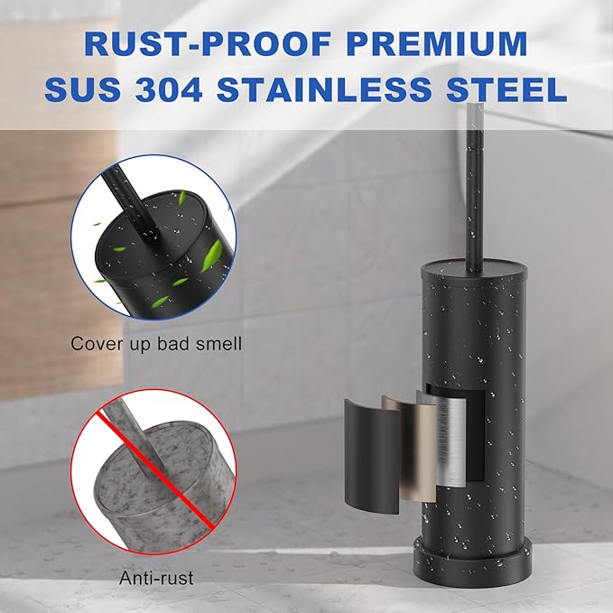 2 PCS Black 304 Stainless Steel Toilet Brush and Holder Set, Long Handle Deep Cleaning Toilet Scrubber with Splash Protection, Weighted Base & Non-Scratch Sponge, Minimalist Bathroom Accessory