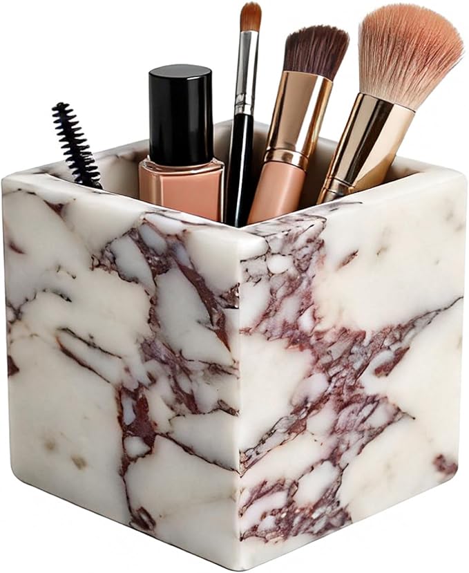 Natural Marble Makeup Brush Holder for Vanity, Marble Toothbrush Holder for Bathroom, Luxurious Countertop Organizer, Calacatta Viola Bathroom Accessories Square