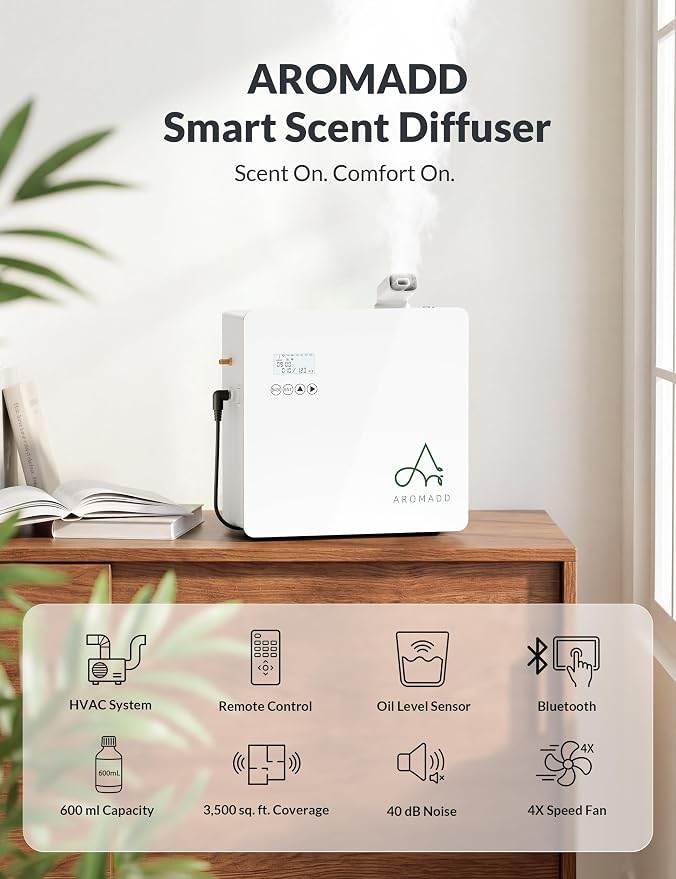 2026 Upgraded 3500 Sq.Ft HVAC Scent Diffuser for Home, Smart Whole House Scent System with App & Remote Control, Hotel Collection Waterless Diffuser for Large Room, Cold Air Tech, 600mL, White