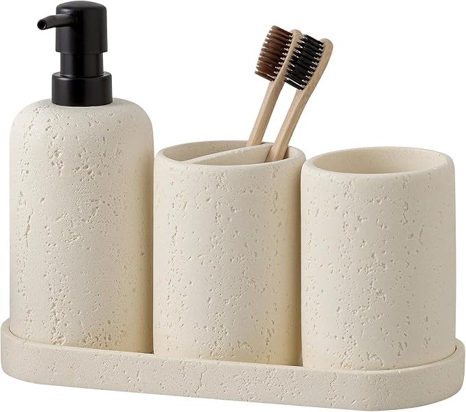 Bathroom Accessories Set,4 PCS Travertine Stone Look Collection,Cream | Modern Bath Organizer with 13.53 OZ Soap Dispenser, Toothbrush Holder, Tumbler, Vanity Tray for Countertop Kitchen Sink