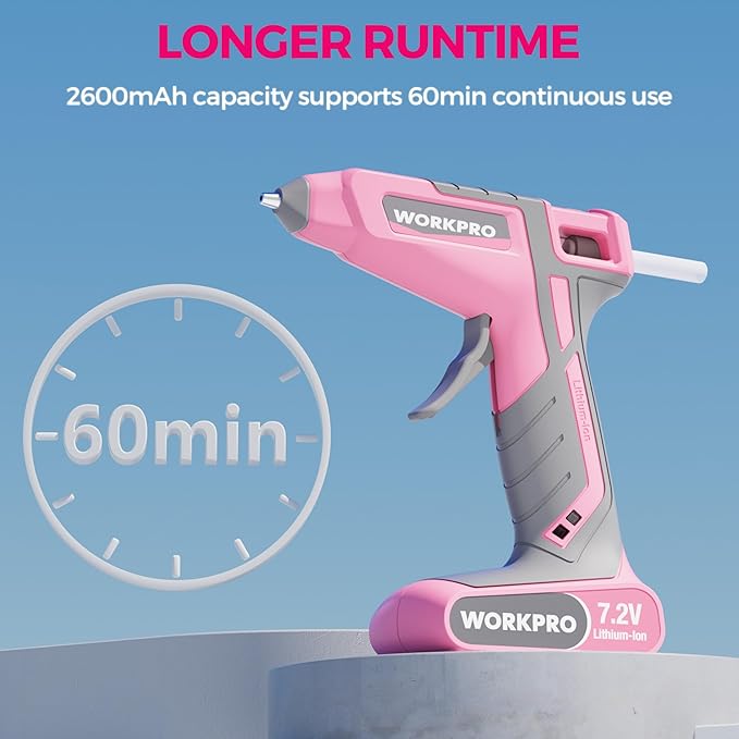 WORKPRO Pink Cordless Hot Melt Glue Gun, 7.2V Rechargeable Fast Preheating Glue Gun Kit with 20 Pc Premium Mini Glue Stick, Automatic-Power-Off Hot Glue Gun for Art, Craft, Decoration - Pink Ribbon
